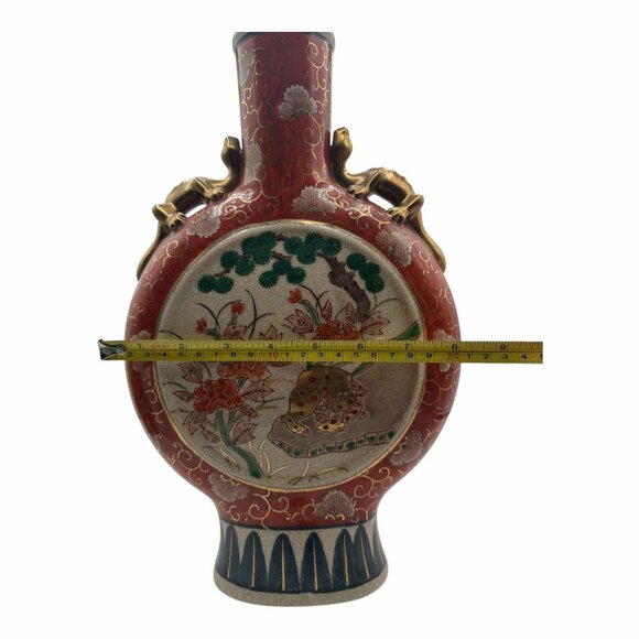Vintage Chinese Moon Flask Vase With Gilt Dragon Handles & Floral Motif - Picture 4 of 10